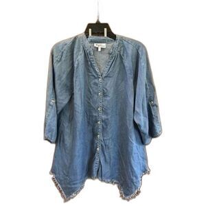 Hester & Orchard Top Women L Blue Chambray Asymmetric Raw Hem Button 3/4 Tab